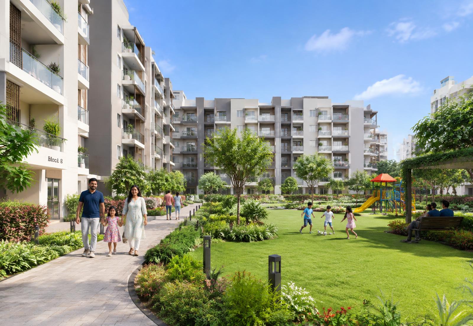 Residential apartment complex with landscaped gardens and families walking